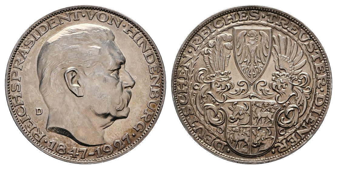  Linnartz Hindenburg Silbermedaille 1927 (Goetz) a.d. 80. Geburtstag PP Gewicht: 24,83g/900er   
