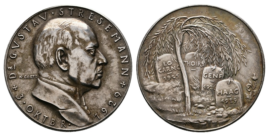  Linnartz Gustav Stresemann Silbermedaille 1929 (Goetz) a.s. Tod fstgl Gewicht: 20,0g/999er   