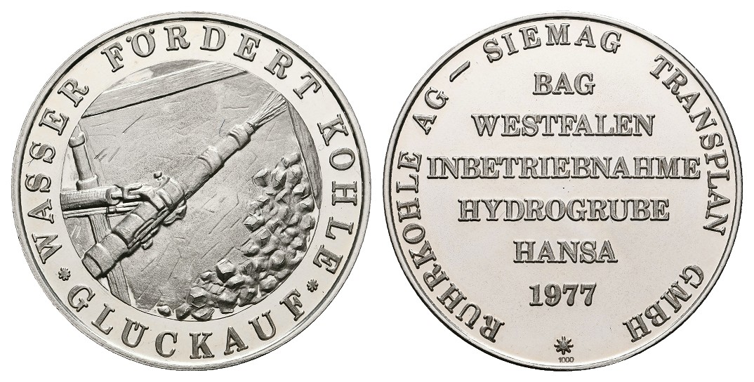  Linnartz Bergbau Silbermedaille 1977 Inbetriebnahme Hydrogrube Hansa PP Gewicht: 25,9g/1.000er   